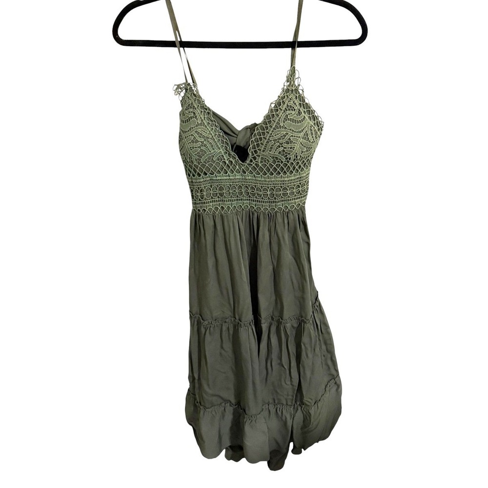 Pronto Moda Italy Olive Green Crochet Lace Tiered Mini Dress Boho Cutout Back